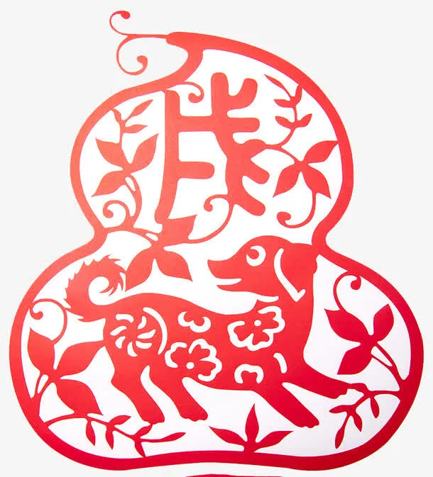 春节创意红色小狗窗花图案免抠