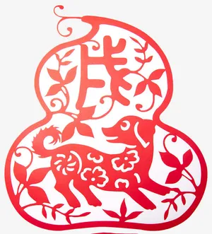 春节创意红色小狗窗花图案免抠