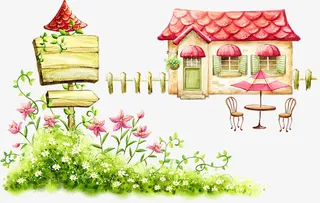 卡通咖啡馆和鲜花免抠