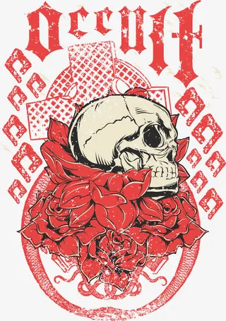 骷髅头红色玫瑰花印花免抠