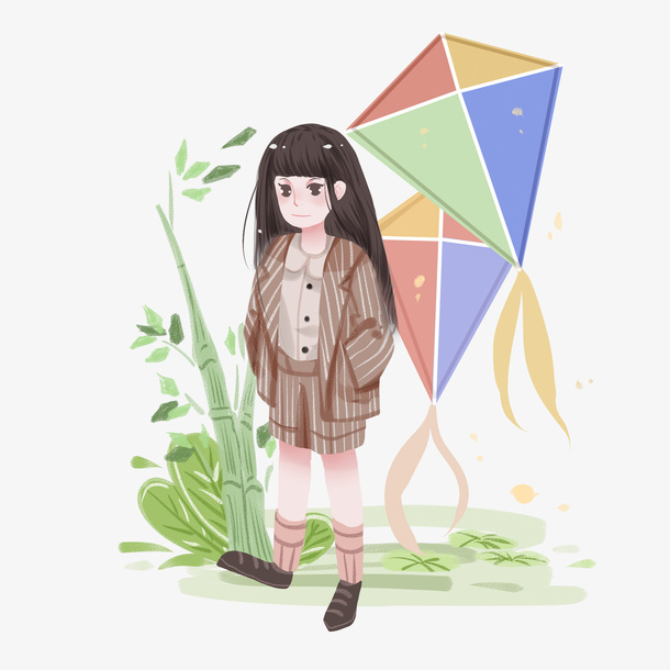 春天风筝女孩免抠