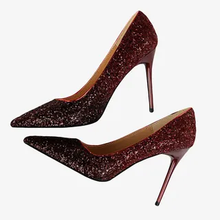 暗红色亮片渐变高跟鞋免抠