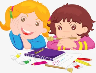 趴在桌子上拿画笔的2个女孩免抠