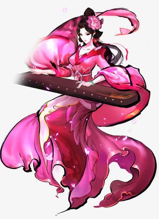 抚琴的粉衣美女古风手绘免抠