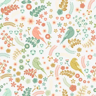 复古鸟与花卉无缝背景矢量图