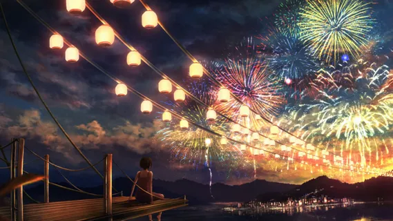 烟花，灯笼，人物，夜晚，湖面，灯光高清