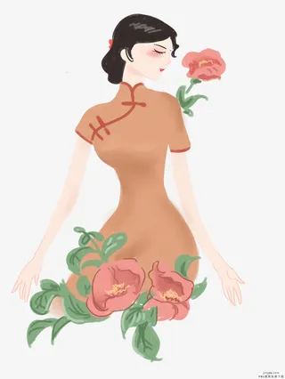 手绘复古风旗袍女子免抠