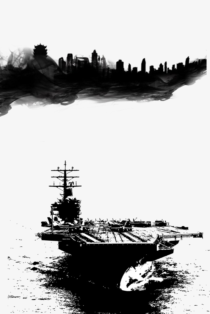 黑白城市水墨风轮船插画背景高清