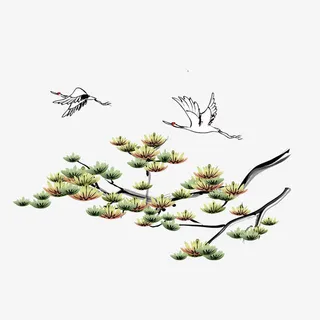 松鹤延年吉祥水墨年画矢量素材免抠