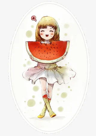 夏日吃西瓜圆形图案插画免抠