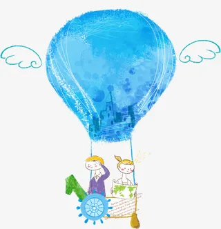 手绘蓝色浪漫热气球情侣免抠