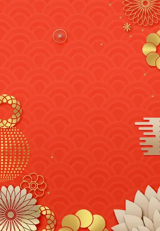 红色清新新年剪纸立体花朵背景高清