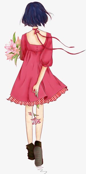 手绘小清新捧花女孩背影免抠