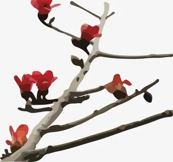 六朵木棉花依附在树枝上免抠