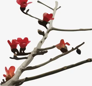 六朵木棉花依附在树枝上免抠