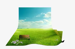 蓝天白云绿地折叠海报背景