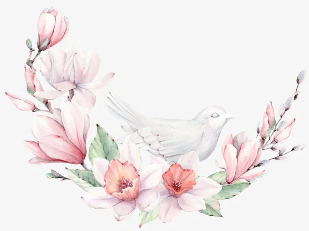 手绘卡通花卉小鸟装饰免抠