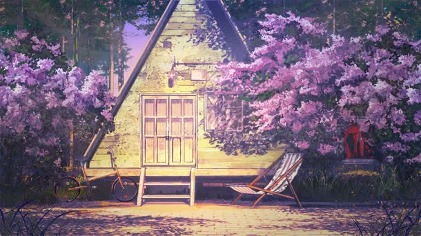 日系插画房屋樱花树浪漫色彩免抠