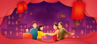 手绘新年家庭团圆父母团圆背景高清