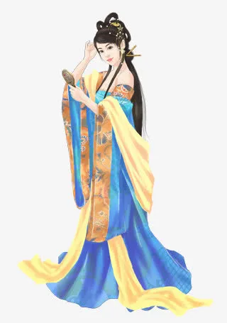 蓝衣照镜子美女古风手绘免抠
