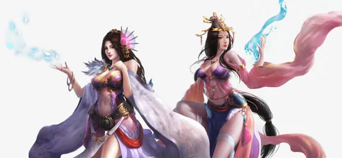 游戏人物两个女子美女装饰免抠