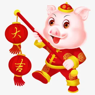 彩色小猪灯笼元素免抠