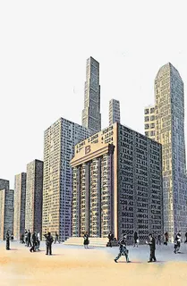 手绘银行大楼插图免抠