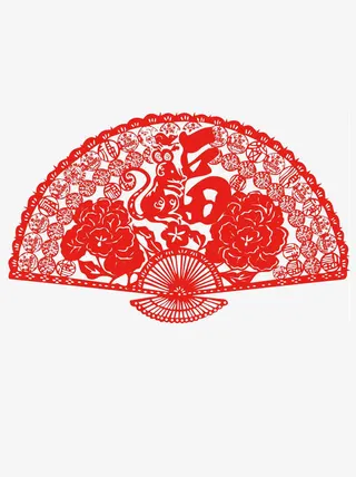 福字和牡丹花图案的扇子剪纸免抠