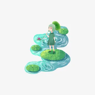 卡通女孩荷塘中躲雨免抠