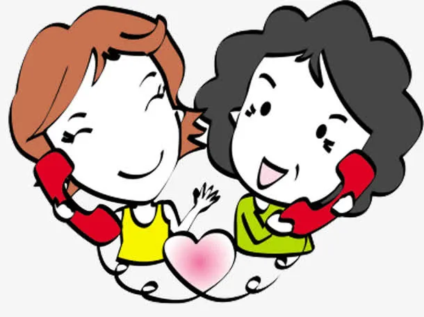 卡通手绘打电话的母女免抠