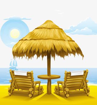 木质躺椅草遮阳伞矢量图免抠