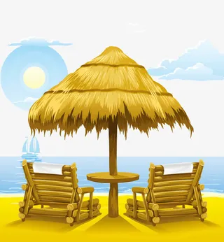 木质躺椅草遮阳伞矢量图免抠