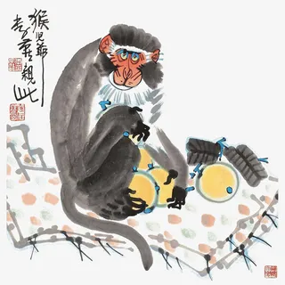 中国风水墨猿猴和枇杷插画免抠免抠