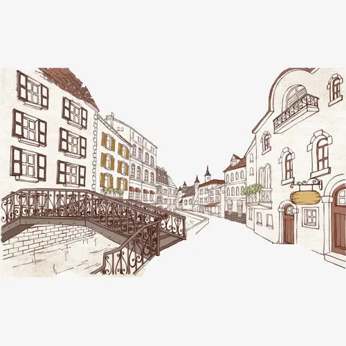欧式建筑街景插画免抠