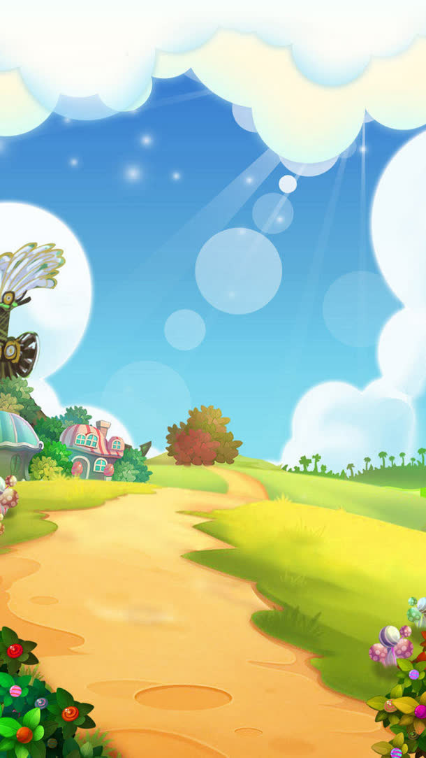 卡通云朵小路海报背景免抠