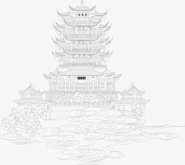 手绘线图仙境黄鹤楼免抠