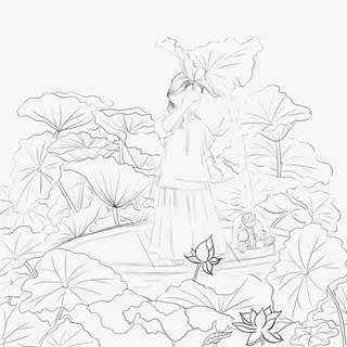 荷叶中的小女孩线稿免抠