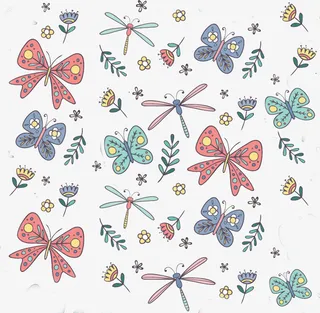 简笔画花朵蝴蝶蜻蜓绿叶素材免抠