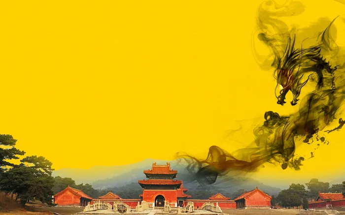 中国风黄色建筑水墨旅游海报背景素材高清