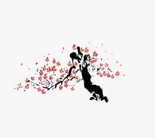 水墨桃花枝装饰图免抠