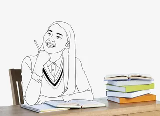 书桌前手托下巴学习的女孩免抠