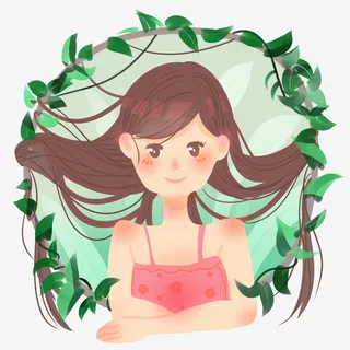 春分女孩手绘树叶免抠