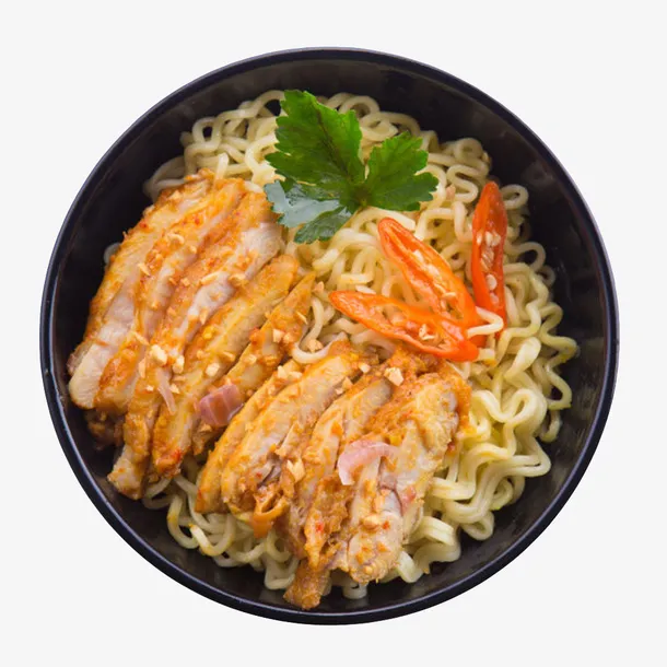 黑色碗里的辣椒肉片拌面免抠