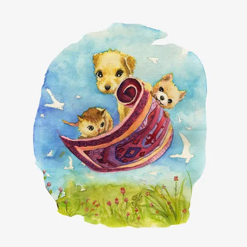 猫狗做飞毯趣味手绘画免抠