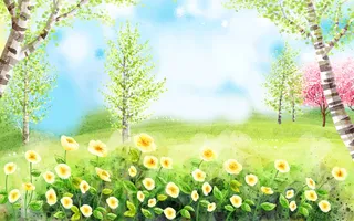 油画春天树木海报背景模板高清