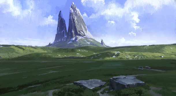 插画高山草地岩石免抠