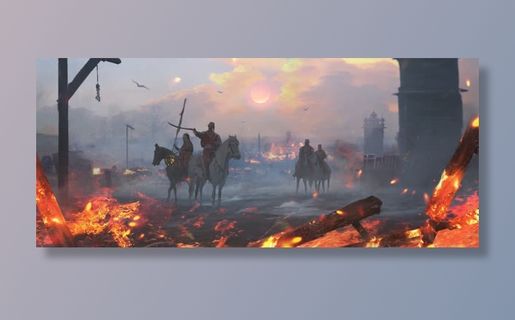 战争战场燃烧的城市游戏场景原画免抠