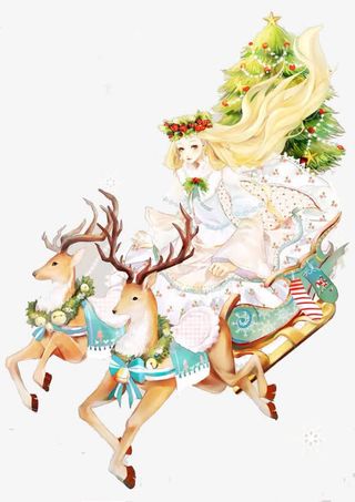 梅花鹿拉车女孩免抠