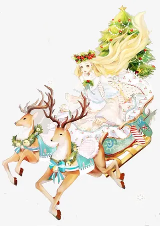 梅花鹿拉车女孩免抠