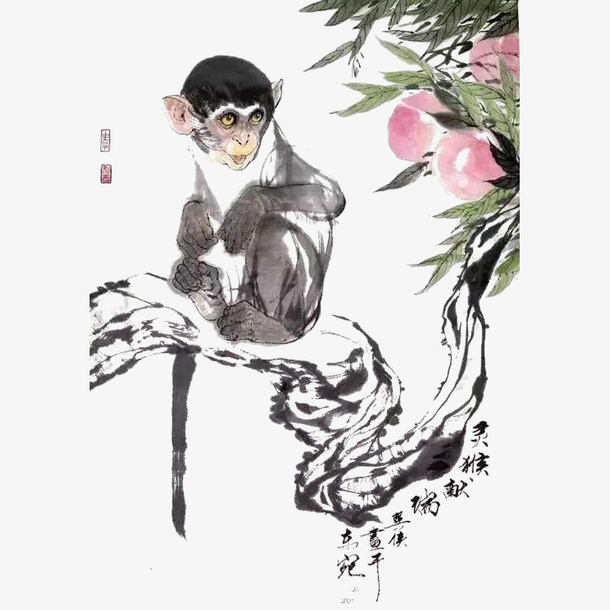 中国风水墨猴子在树干上艺术免抠免抠